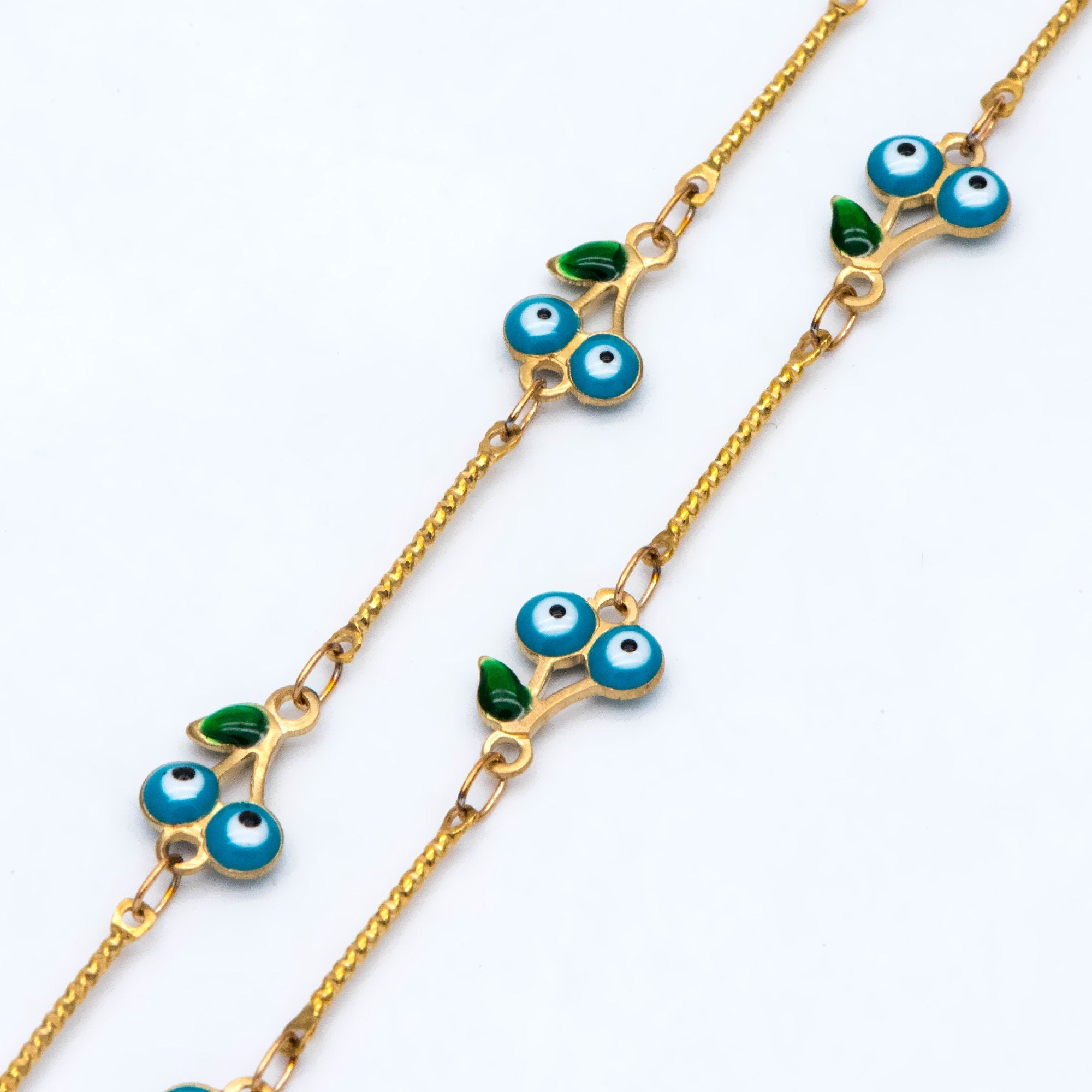 Multicolor Cherry Evil Eye Chain, Brass in Enamel, Unplated Raw Brass Designer Chain (#LK-512)/ 1 Meter=3.3ft